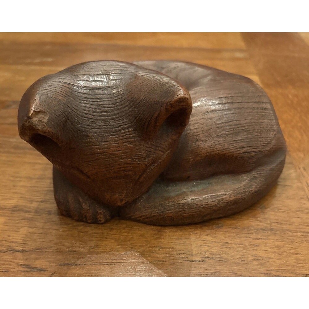 Vintage Midcentury Modern Sleeping Cat Carved Wood Figurine Sculpture MCM